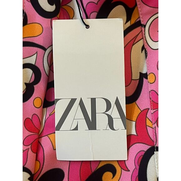 NWT Zara Pink Black Orange Paisley Pants Hi Rise Tapered Large MOD Funky Bright - Picture 9 of 10